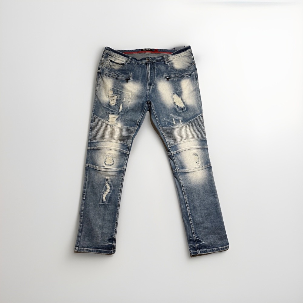 makobi light wash distressed jeans, zipper‎ pockets, men's 42x32
